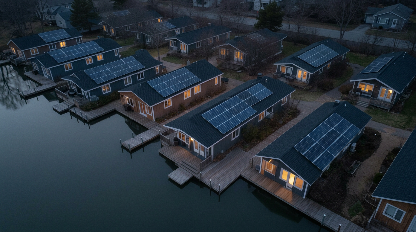 Aerial view of a connected waterfront cottage community with rooftop solar
