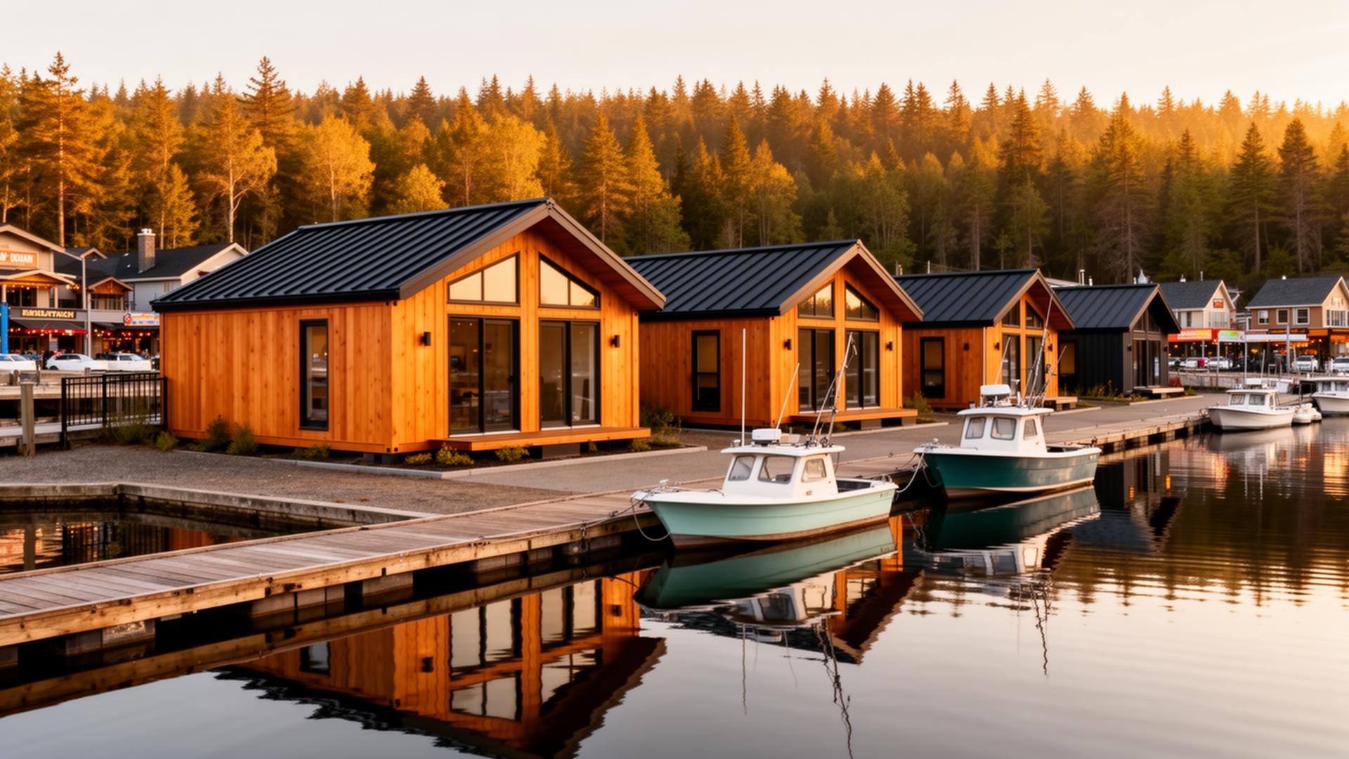 Cluster of modern cottages with rooftop solar at golden hour